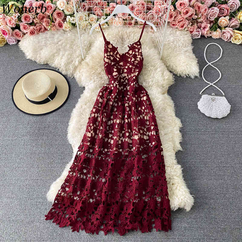 V Neck Woman Dress Solid Sexy Lace Hollow Out Summer Party Night Clue Vestidos Korean Fashion Ins Vintage Dresses 210422