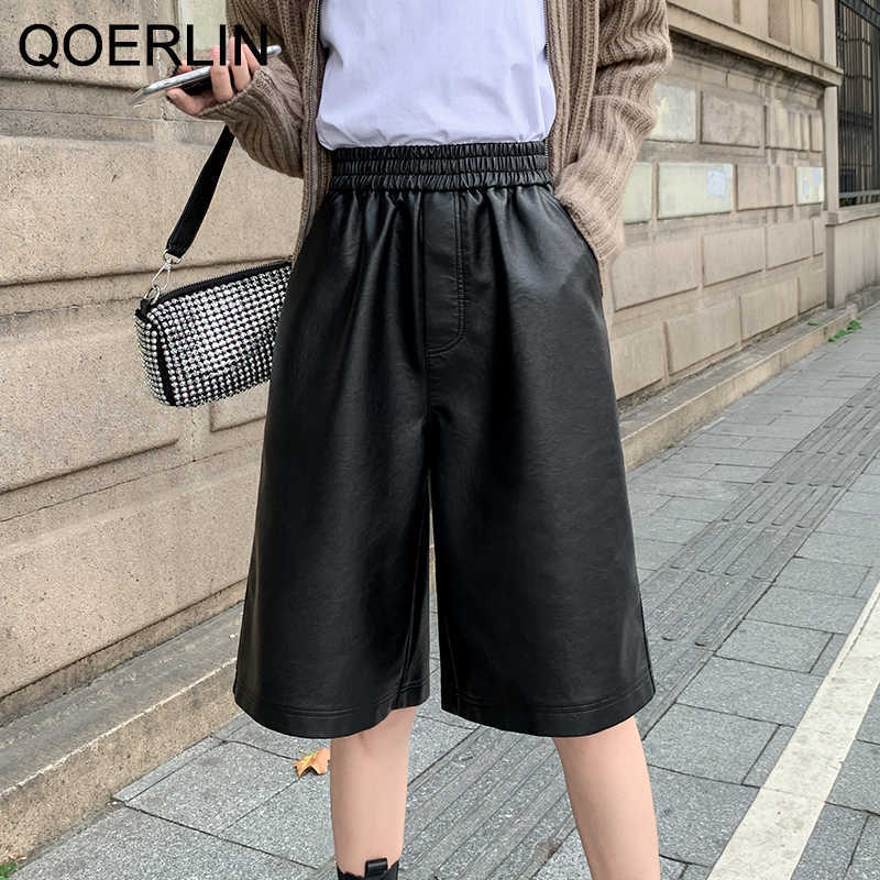 S-3XL Autumn PU Leather Shorts Women's Casual High Waist Wide Leg Half Trousers Korean Outerwear Loose Straight 210601