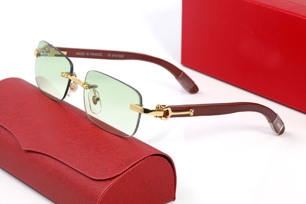 Brand Designer Sunglasses for Woman Big Frame Rectangle Man Sunglasses Luxury Panther Sunglass Green Lens with Brown Wooden Eyeglasses Frames Glasses Eyewear
