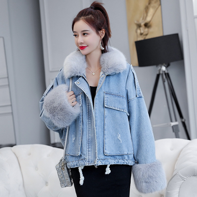 Parka Denim Jacket Women's Winter Fur Collar Big Pocket Long Sleeve Plush Large Size Coat Female 5A1362 210427