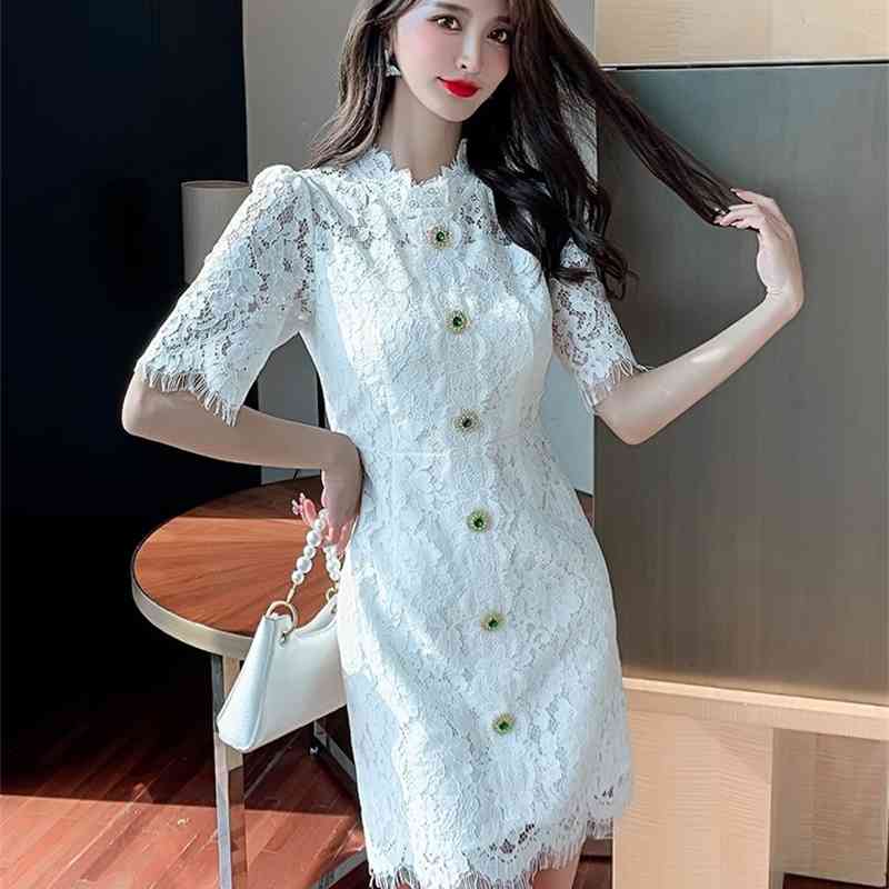 Summer White Dress Vintage Women Diamonds Single Breasted Embroidery Short Sleeve Office OL Bodycon Mini 210519