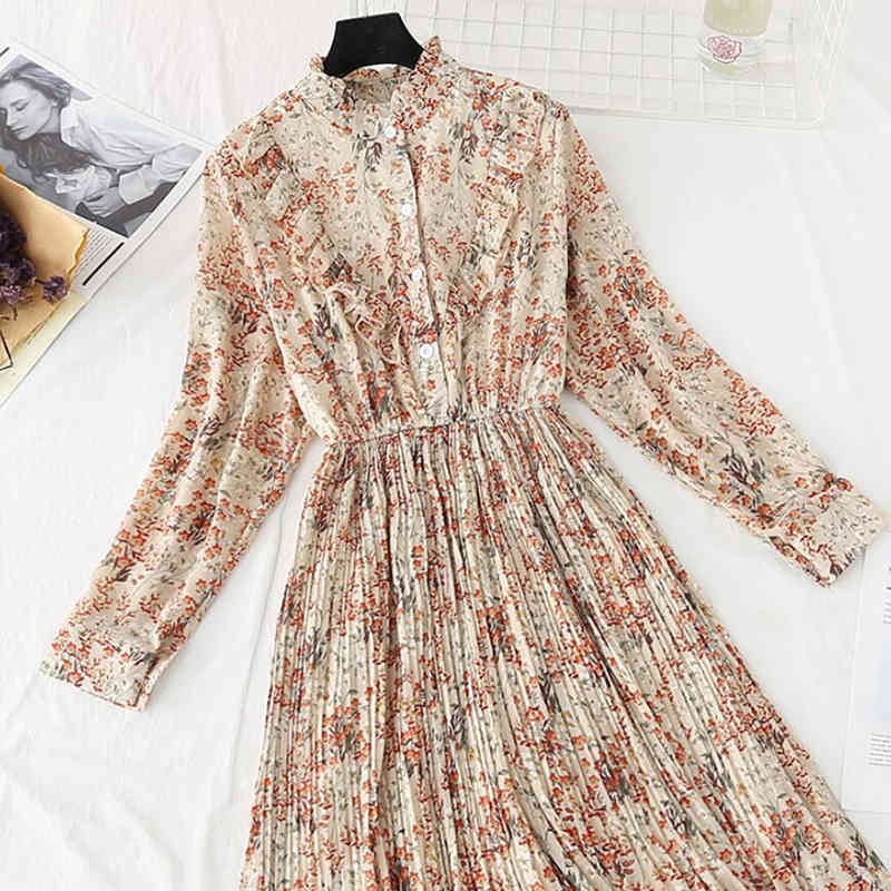 Women Chiffon Pleated Dress Spring Summer Female Vintage Long Sleeve Floral Print Dresses Casual Office Lady Midi Dress 210521