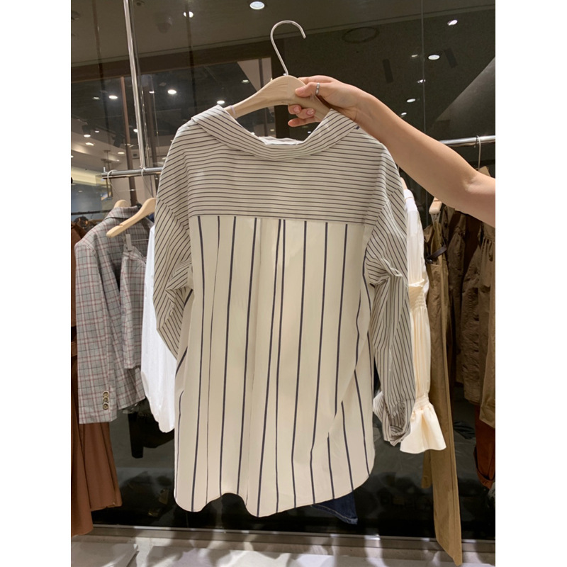 Stripe Stitching Blouse Women's Spring Fashion Lapel Kink Single Breasted Long Sleeve Female Shirt 5A978 210427