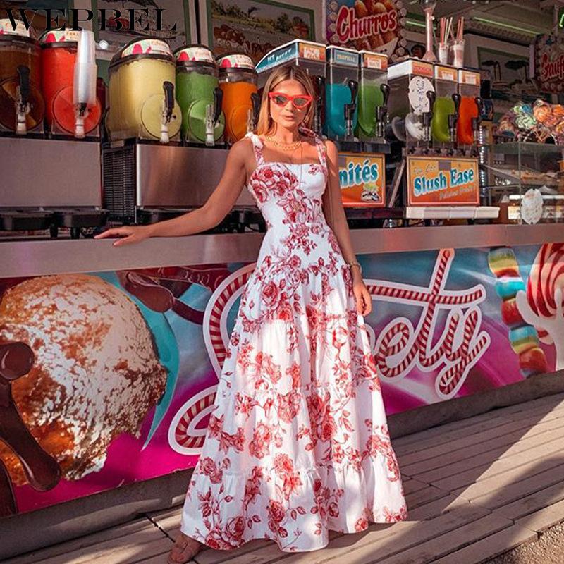 Women's Sexy Slim Dress Summer Casual Spaghetti Strap Square Collar Floral Print Backless Dresses
