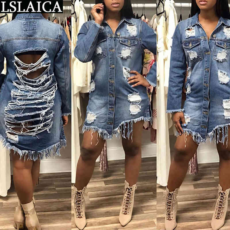 Denim Jacket Women Long Sleeve Pocket Tassel Coat Autumn Sexy Hole Woman Fashion Single Breasted Tops Plus Size 5xl 210515