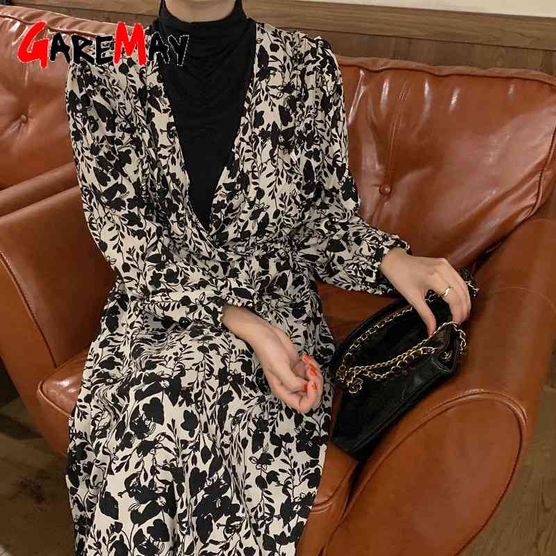 Elegant Dresses for Women Casual Korean Vintage Spring Long Sleeve V Neck Balck Midi Black Dress 210428
