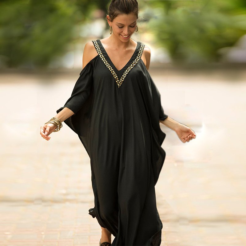 Elegant Black Kaftan Beach Tunic Cover up Saida de Praia Swimsuit Women Bikini cover Pareo Sarong wear Q943 210420