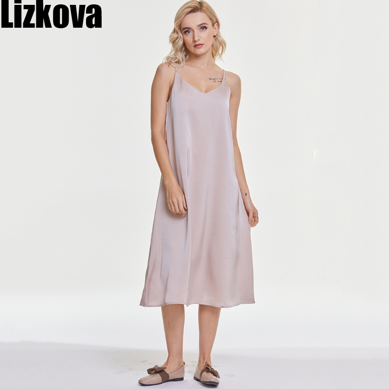 Lizkova Summer Satin Dress Women V-neck Sleeveless Vestidos Green Spaghetti Strap Robe Strap Adjust 210331