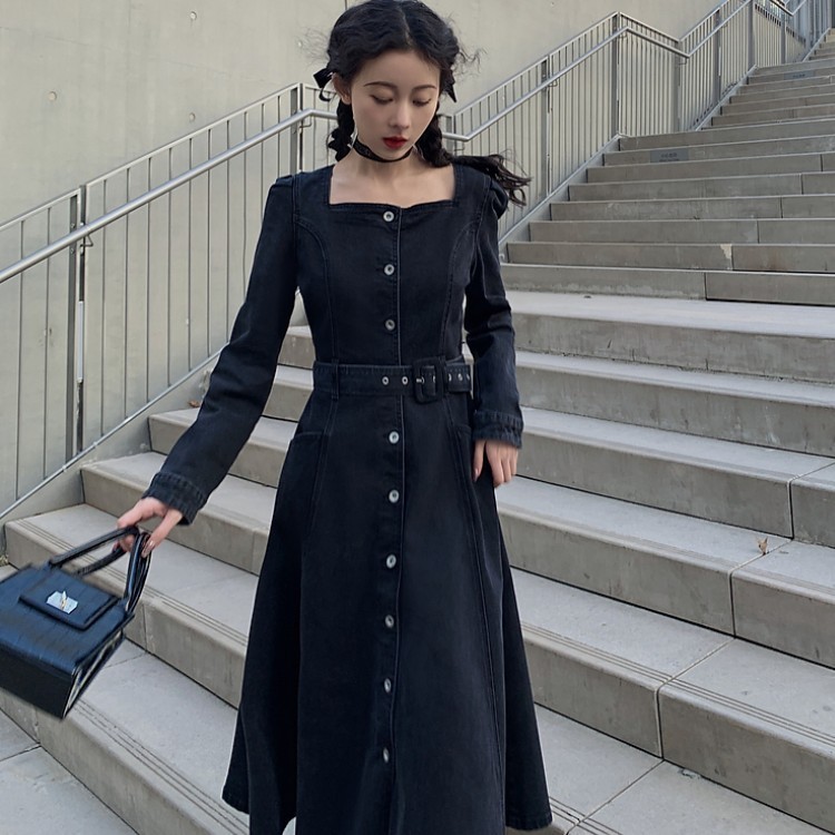 Denim Dress Women Korean Spring Temperament Elegant Square Collar Retro Single-Breasted Casual Slim Long Vestidos 210519
