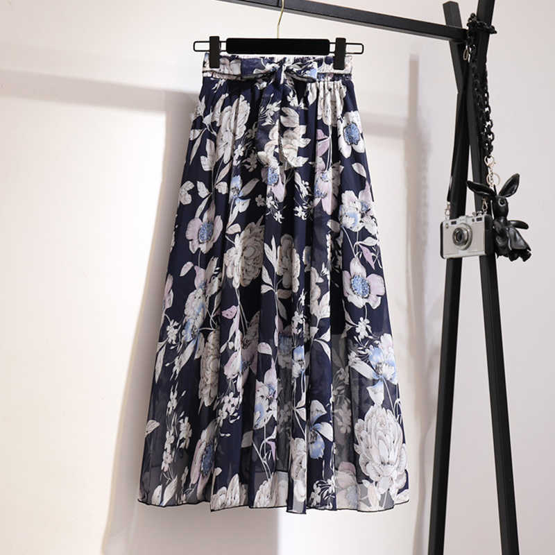 TIGENA Floral Print Chiffon Long Skirt Women Fashion Summer Belt A Line High Waist Pleated Female Aesthetic 210621
