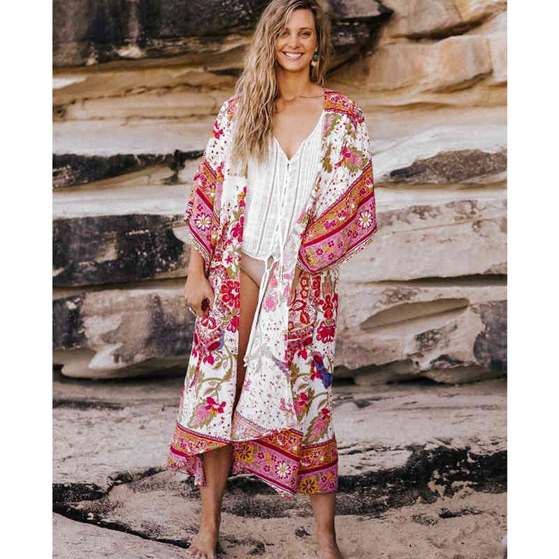 Boho Printed Bikini Wrap Cover-ups Sexy 3/4 Sleeve Summer Kimono Dress Women Plus Size Beach Wear Swim Suit Cover Up A855 210420
