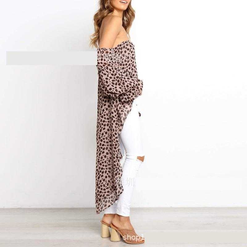 Women Blouse Leopard Printed Chiffon Loose Long Shirt Irregular Tops Off Shoulder Top Sexy 210524