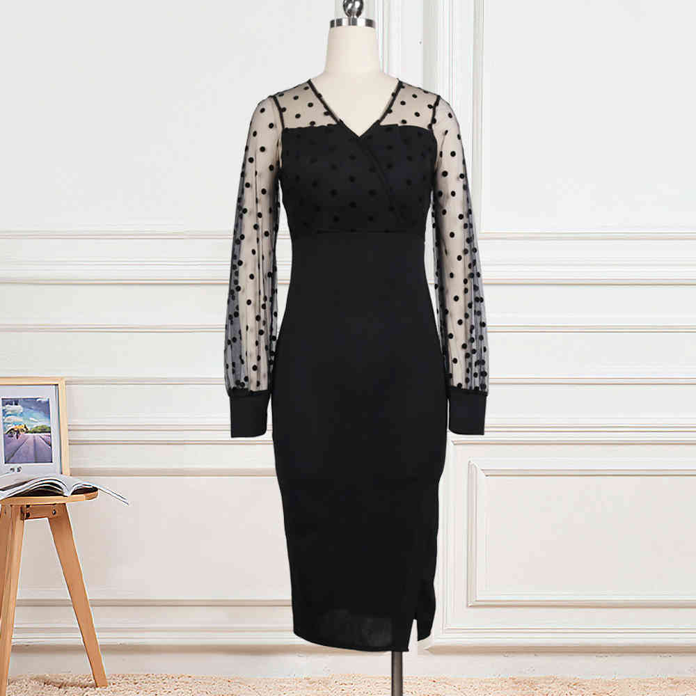 Women Sheer Long Sleeves Polka Dot Bodycon Dress Office Ladies Slim See Through Women Vestido African Modest Celebrate Occassion 210409