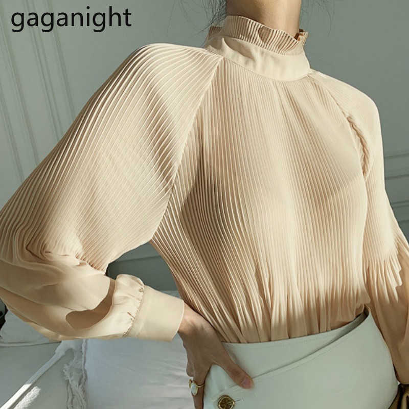 Korean Elegant Ruched Women Blouse Fashion Raglan Sleeve Stand Collar Shirt Spring Autumn Office Lady Loose Blusas 210601