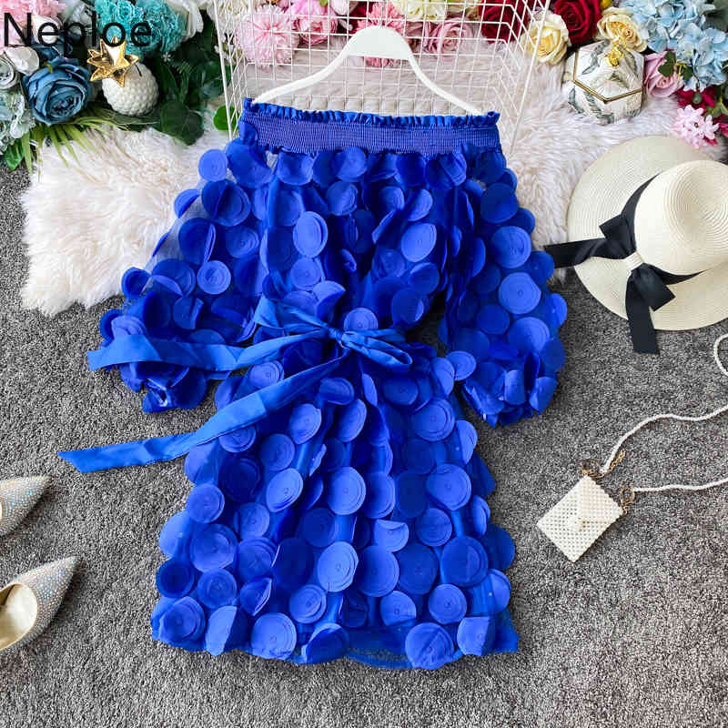 Sexy Slash Neck Off Shoulder Appliques Patch Dress Women High Waist Hip A Line Vestido Lantern Long Sleeve Summer Ropa 210422Z