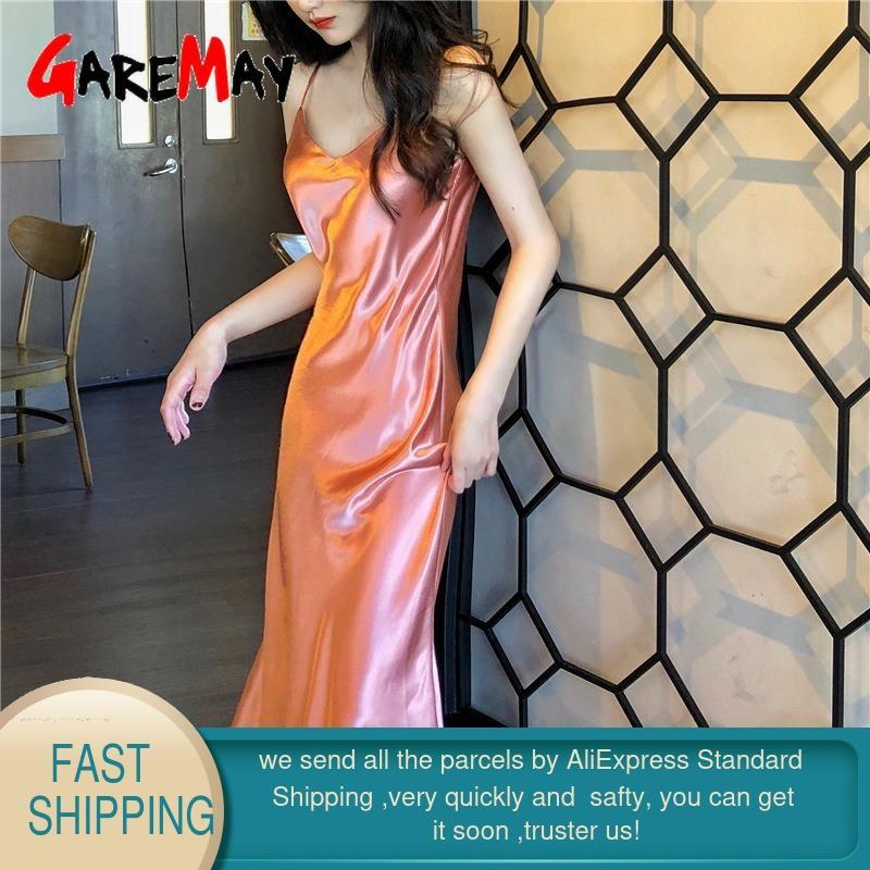 Summer Women Satin Solid Dress Off-Shoulder Sleeveless Sexy Party es Korean Lady Long Spaghetti 210428