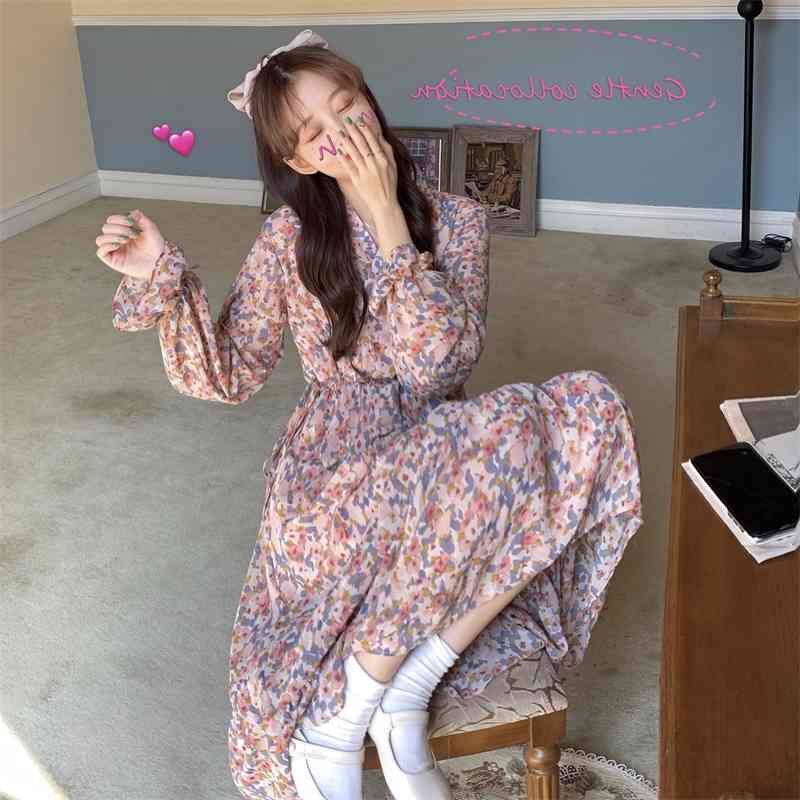 Spring French Floral Print V-Neck Ruffles Mid Calf Chiffon Dress for Women 210615Z