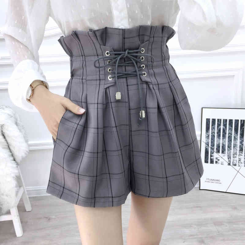 HELIAR Women Shorts Plaid Drawstring Hot Shorts With Ribbons Elastic Waist Wide Leg High Waist Shorts For Women Autumn 210408