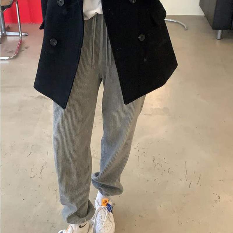 Spring Autumn Elegant Casual Sweatpants High Waist Straight Corduroy Pants Women Bottoms OL Solid Loose Trousers 210421