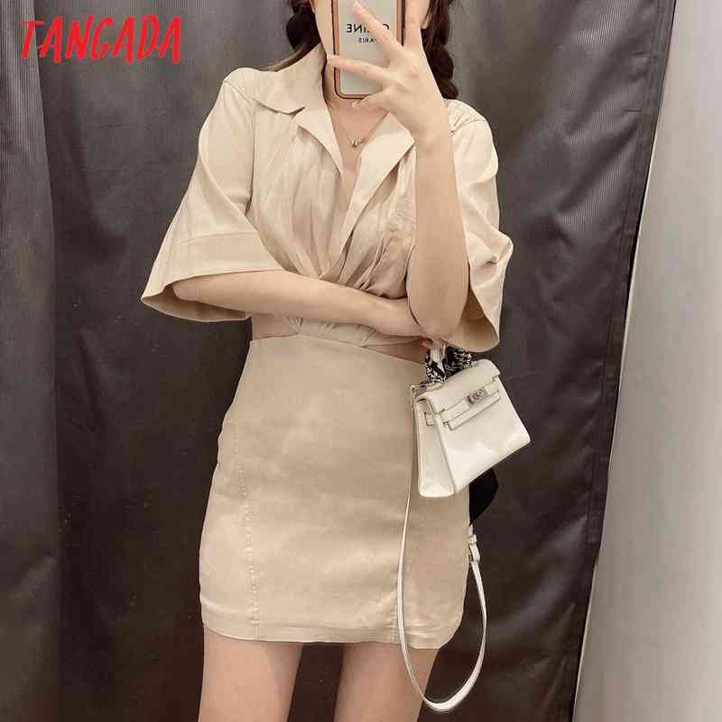 Fashion Women Solid Khaki Shirt Waist Hollow Short Sleeve Ladies Mini Dress Vestidos 2W95 210416