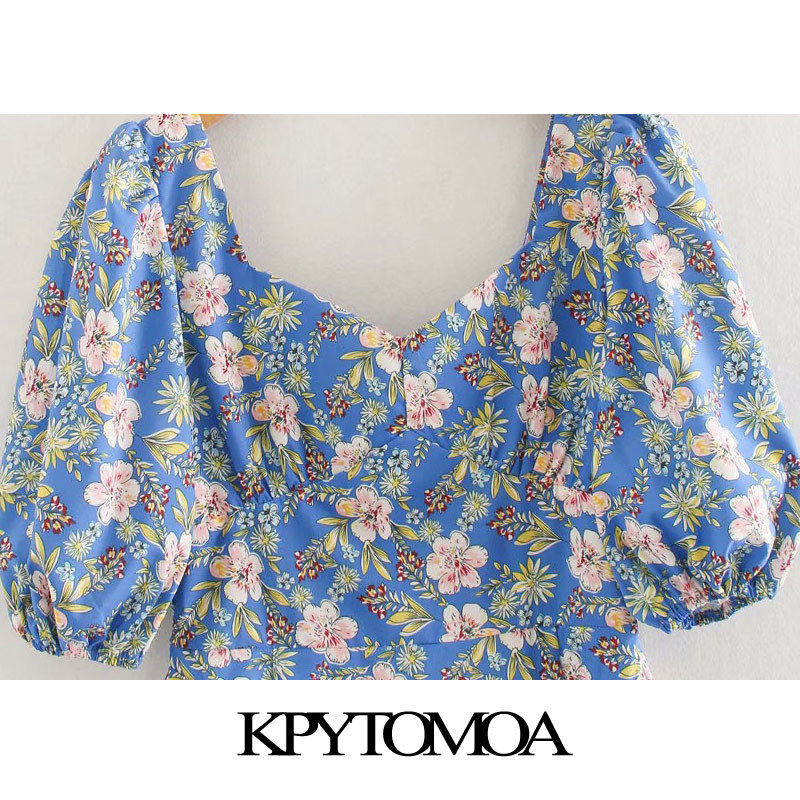 Women Chic Fashion Floral Print Mini Dress Backless Zipper Puff Sleeves Female Dresses Vestidos Mujer 210420