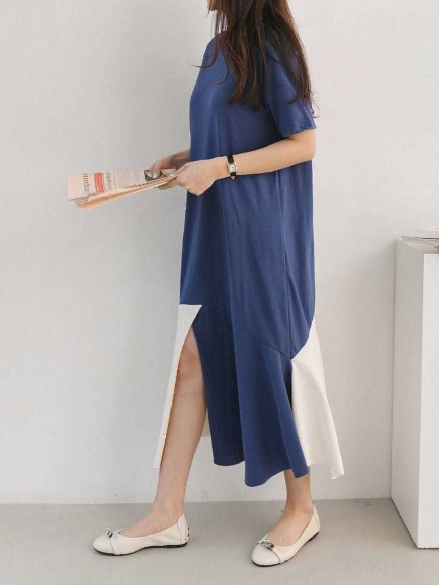 Qooth Casual T shirt Dres Shirt Summer Loose Short-Sleeved Split Female Patchwork Blue Maxi QT041 210609