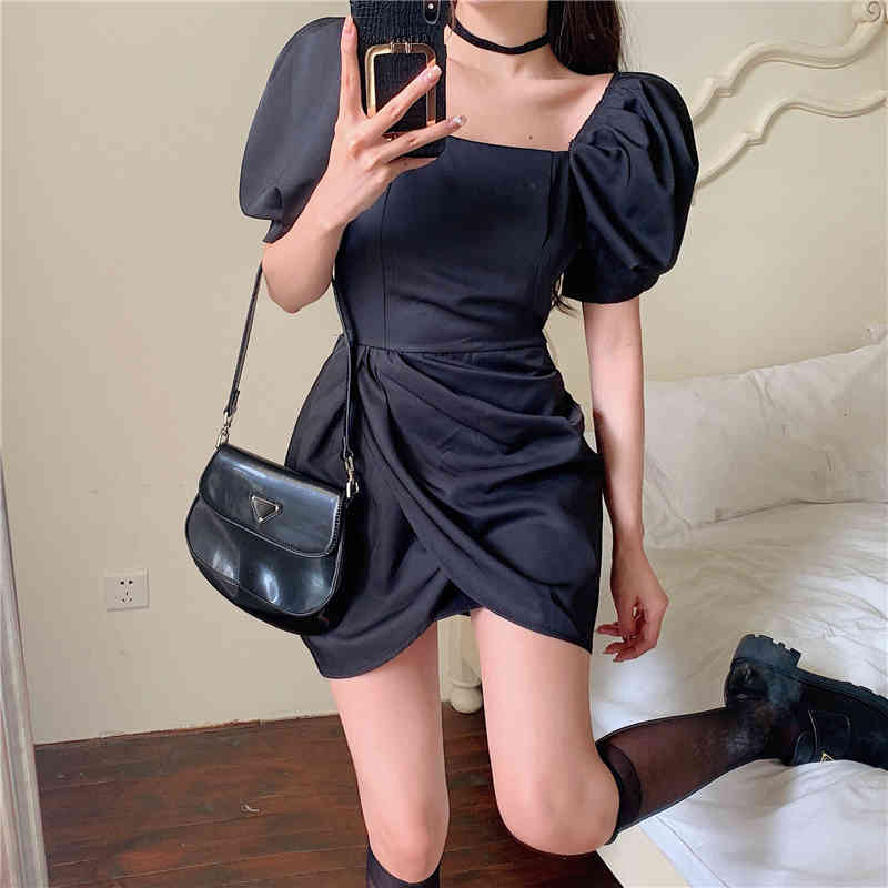 Summer Puff Sleeve Party Dress Women Solid Color Square Collar Bodycon Sexy Slim Waist Office OL Ruched Mini Dresses 210518