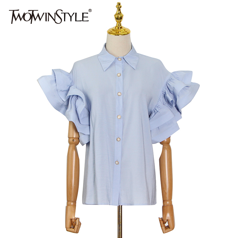 Blue Casual Patchwork Ruffle Shirts For Lapel Short Sleeve Straight Blouses Female Summer Fashion Clothing 210524, Black 
Blue Casual Patchwork Ruffle Shirts For Lapel Short Sleeve Straight Blouses Female Summer Fashion Clothing 210524, Black