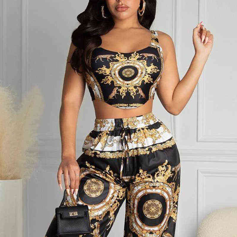 Summer Women Black Clubwear Two Piece Suit Sets Sleeveless Scarf Print Crop Top & High Waist Casual Long Pants Set 211105