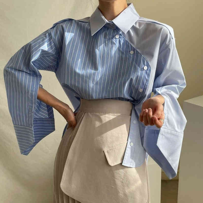 Stripe Contrast Irregular Patchwork Blouse Women's Spring Lapel Beveled Single Breasted Long Sleeve Shirt 210427