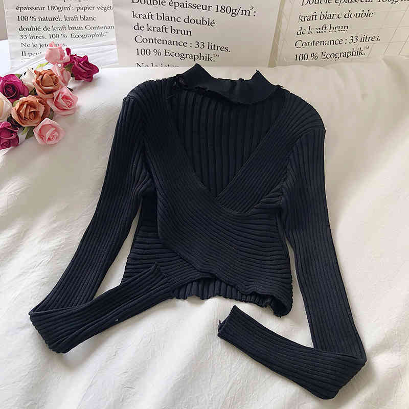Nomikuma Autumn Korean Elegant Slim Short Pullover Knitwear Halter Corss V-neck Long Sleeve Knitted Women Tops New 6B984 210427