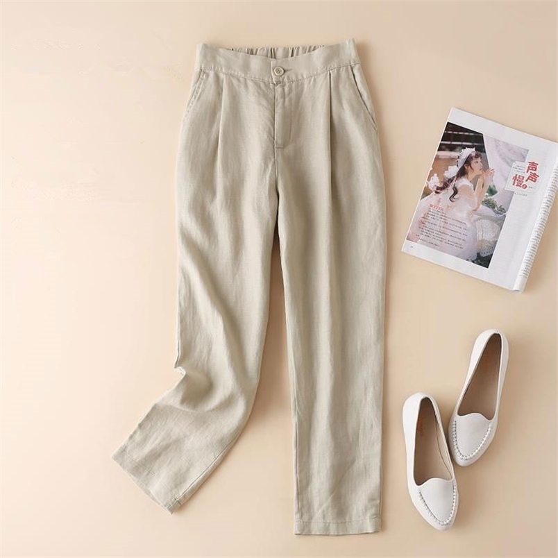 Spring Korea Fashion Women Pants Plus Size All-match Casual Solid Cotton Linen Harem Elastic Waist Ankle-length D150 210512