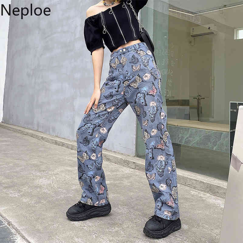 Neploe Jeans for Women Harajuku Butterfly Print Vintage Trousers Loose Straight Wide Leg Pants Streetwear Korean Pantalon 95292 210422