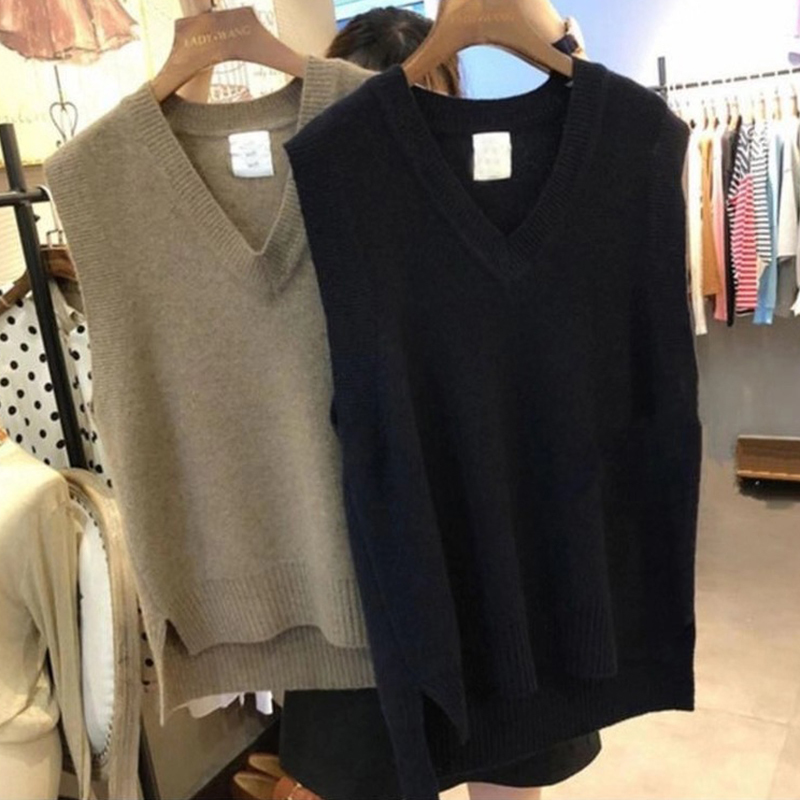Loose Pullover V Neck Women Autumn Winter Knitted Sweater Vest Sleeveless Warm Sweaters Casual Oversize 12229 210415