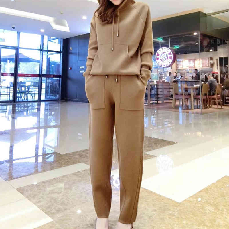 Autumn Winter Pink Two Piece Set Casual Chic Hooded Knitted Sweater Tops And High Waist Wide Leg Pants Women Tracksuit 210519