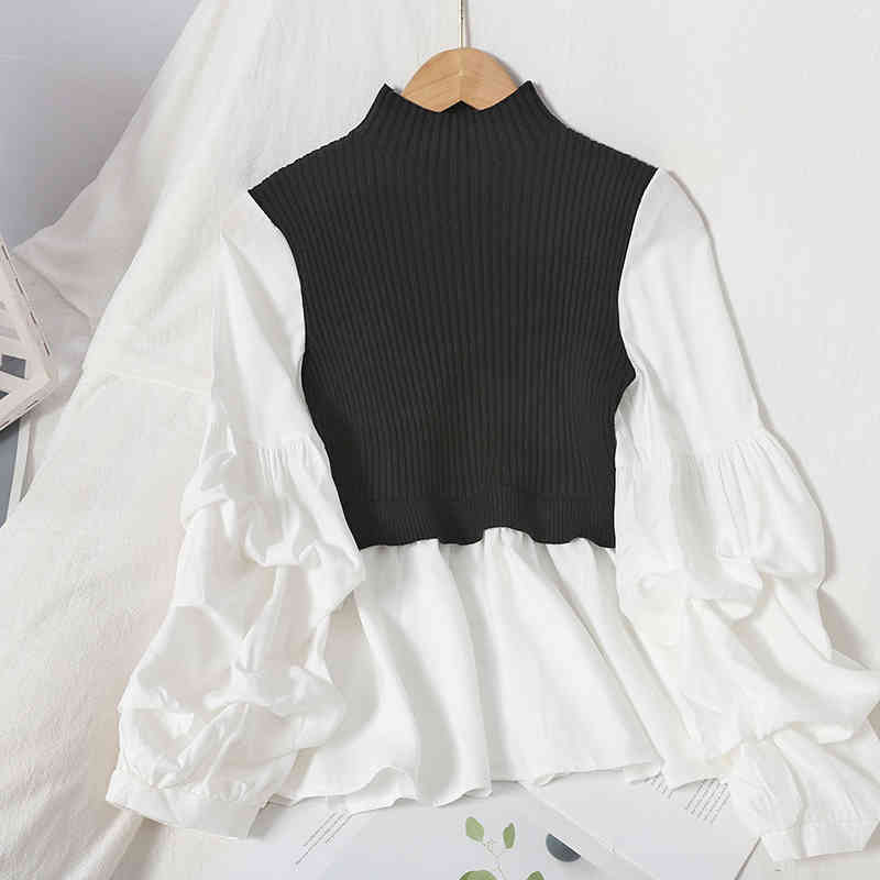 Nomikuma Knitted Patchwork Pullovers Autumn Puff Long Sleeve O-neck Knitted Sweater Causal Women Ruffle Pull Femme 6C605 210427