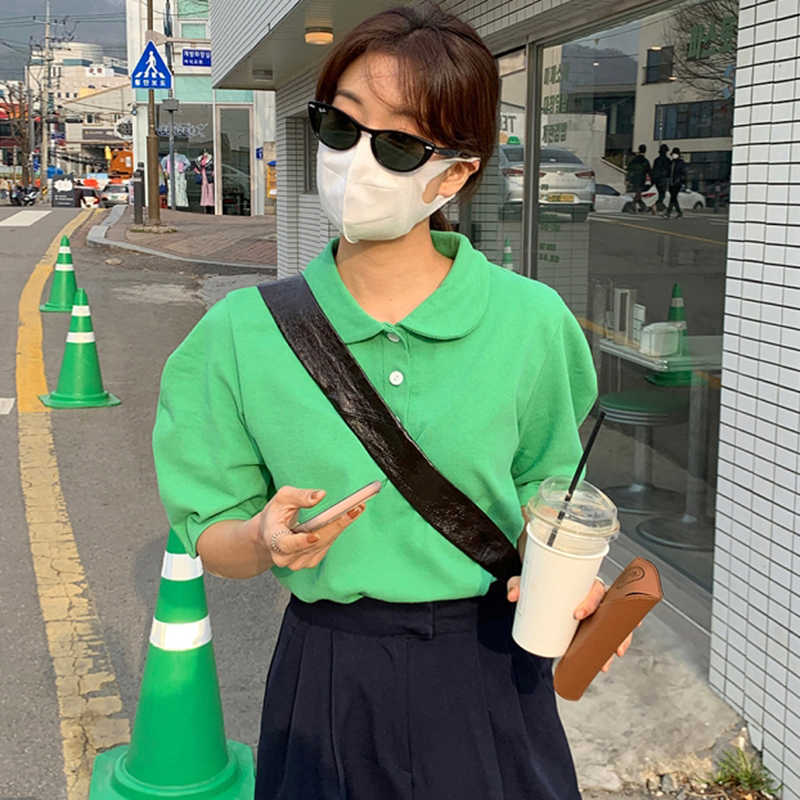 Korejpaa Women T-shirt Korea Chic Summer Gentle Little Turntring Three Buckle Loose Casual Bubble Sleeve Top Pullover 210526