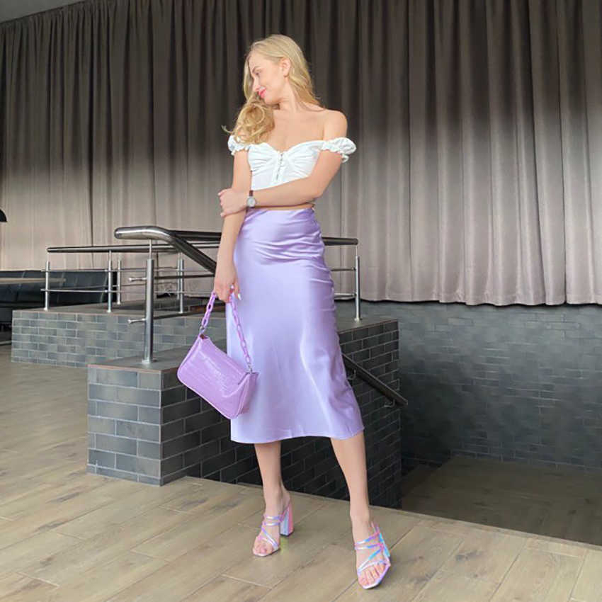 Mnealways18 Solid Purple Satin Silk Skirt Women High Waisted Summer Long Elegant Ladies Office s Midi Spring 210619