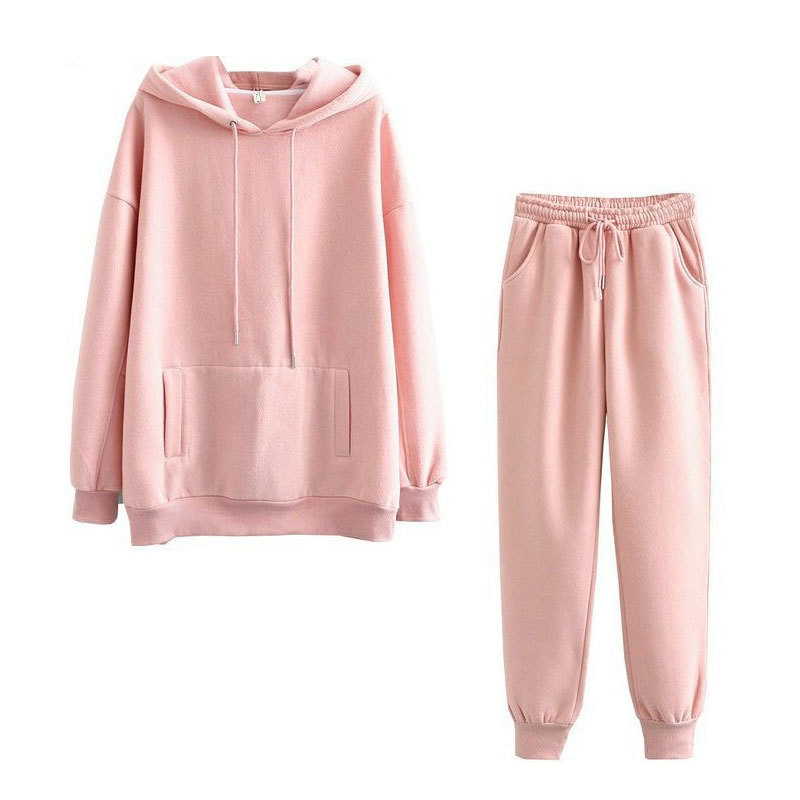 Autumn Winter Hooded Hoodies Sweatshirt Suits Women New Thick Fleece Cotton Suit 2 pieces Sets Full Length Pants Suits 210413