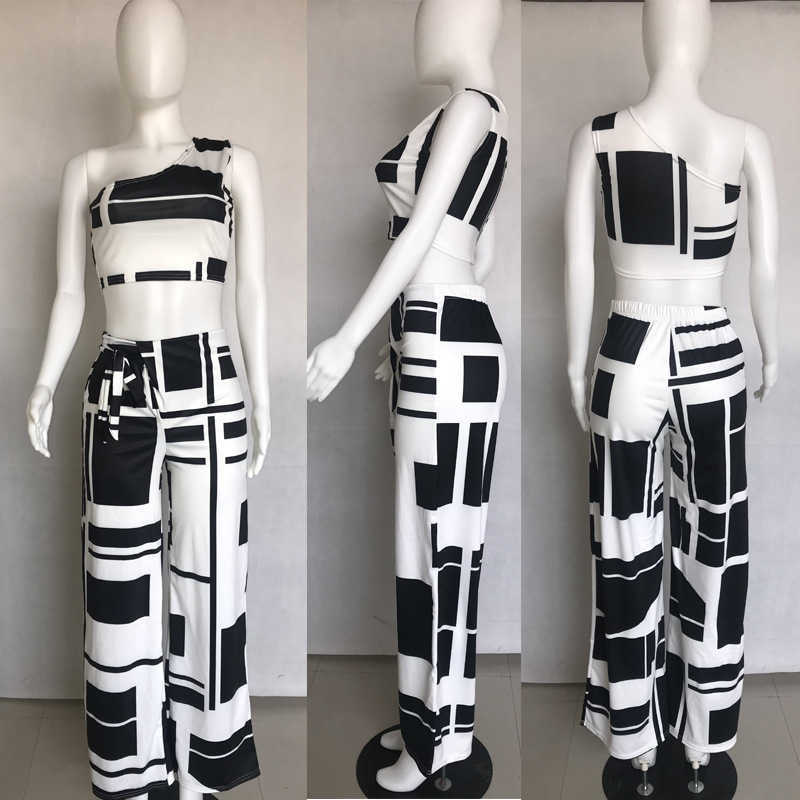 Women Two Pieces Sets Self Belted Crop Top&Pants Colorblock One Shoulder Cropped High Waist Wide Pants Set Y0625