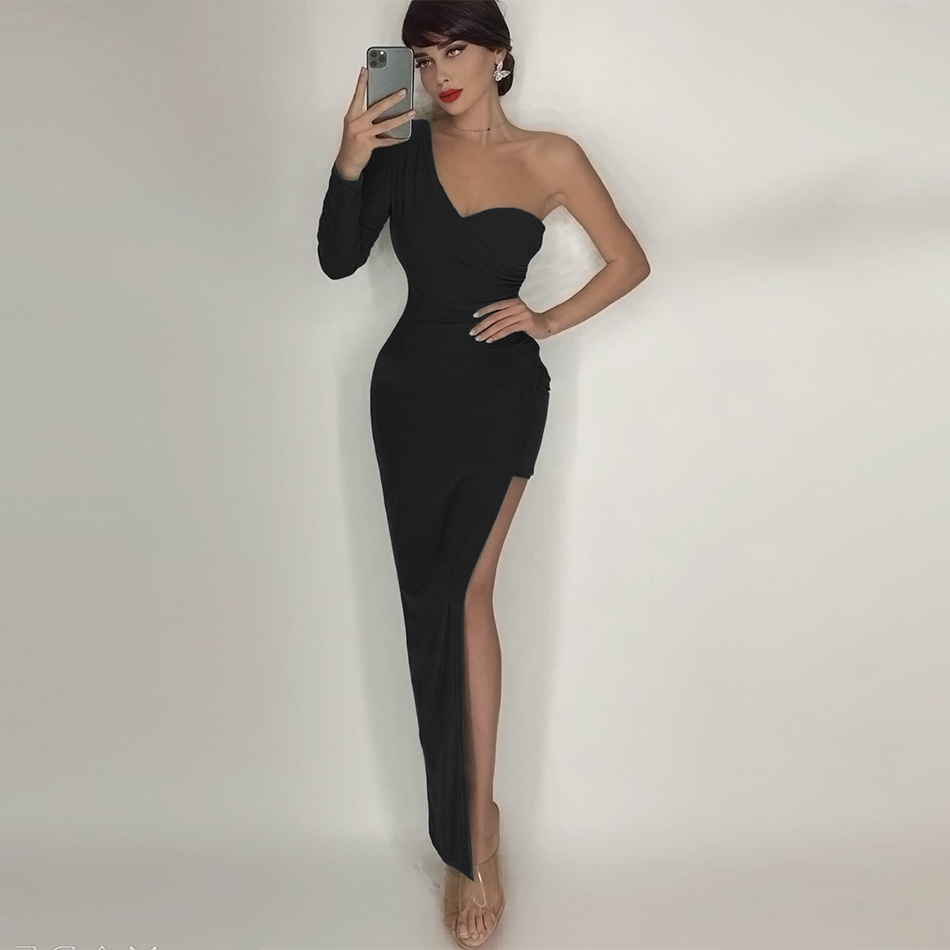 Summer Women Elegant Black One Shoulder Party Dress Sexy Long Sleeve Celebrity Evening Runway Club Maxi Dresses 210423