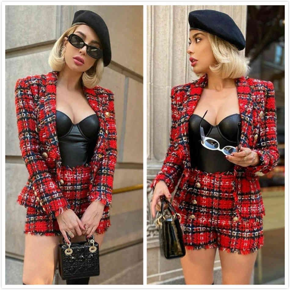 Free Women Red Plaid Blazer Set Lapel Long Sleeve Slim Jacket & High Waist Shorts Two-piece Elegant 210524