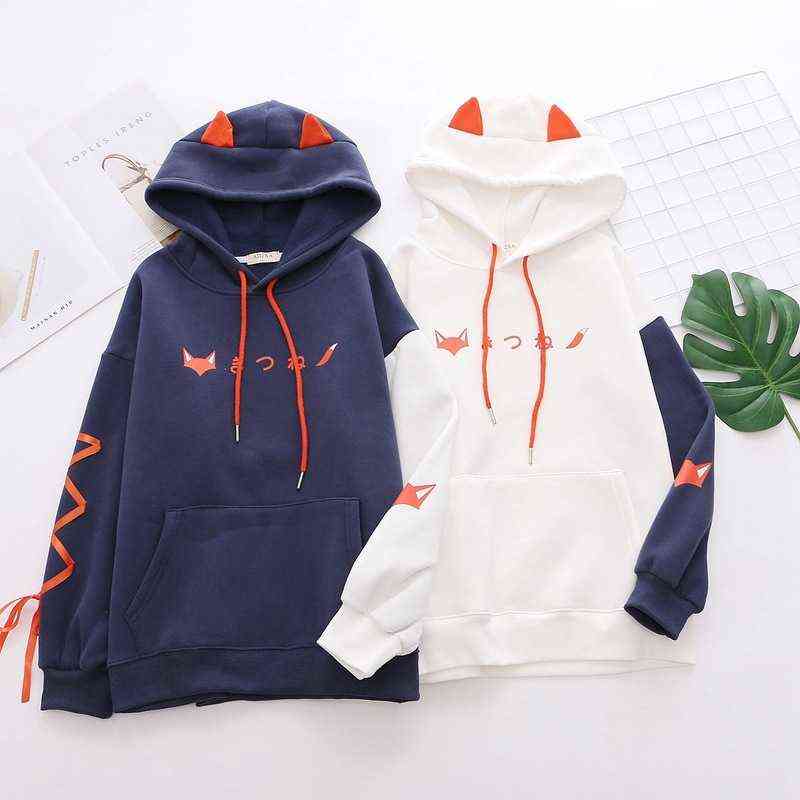 Harajuku Sweet Cotton Hooded Sweatshirt Spring Autumn Print Loose Hoodies Student Cute Fleece With Horns Clothing 211109