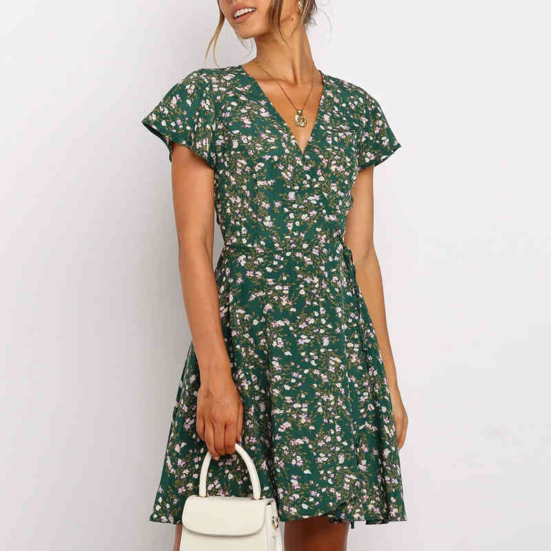 Women V Neck Floral Print Dress Summer Casual Short Sleeve Mini Beach Dress Bandage Wrap Dresses Sundress Vestidos Mujer 210414