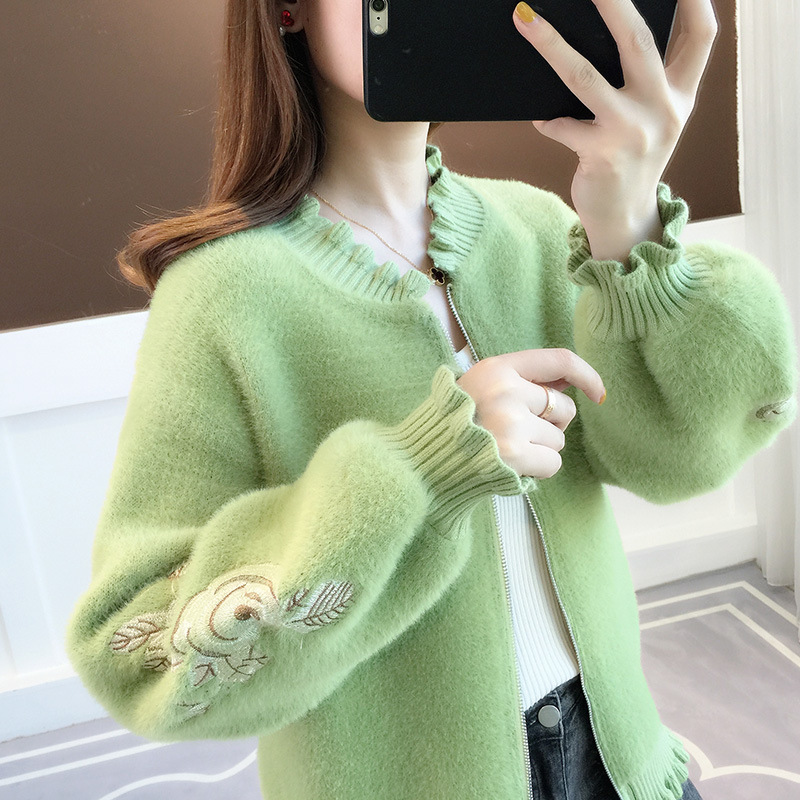 Nomikuma Faux Mink Cashmere Cardigan Sweater Women Autumn Winter Knitted Coat Floral Embroidery Long Sleeve Cardigan 6B929 210427