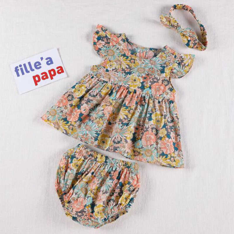 Korean Japan Style Baby Girls Clothing Sets Dress Tops+ PP Shorts Summer Cotton Flower Short sleeve Clothes Suit 210804
