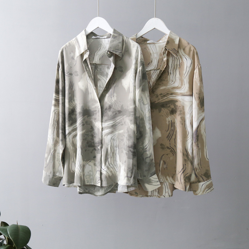 Ink Print Shirt Women Sunscreen Autumn POLO Collar Loose Fashion Long s Vintage Sleeve Blouses Blusas 11309 210506