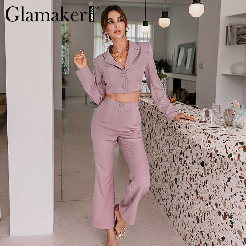 Glamaker Pink purple 2 piece suit sets Women sexy short blazer and flared pants Office lady set autumn female sets sexy outfits 211007