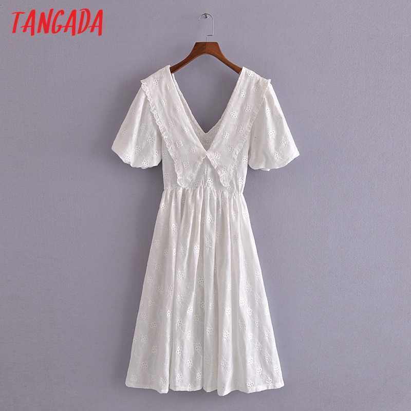 Tangada Women White Cotton Embroidery Romantic Dress Puff Short Sleeve Backless Females Midi Dresses Vestidos 3H271 210630