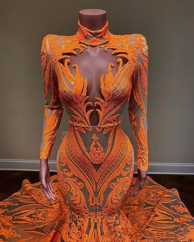 Orange Mermaid Prom Dresses Long Sleeves Deep V Neck Sexy Sequined applique African Black Girls Fishtail Evening Wear Dress Plus Size